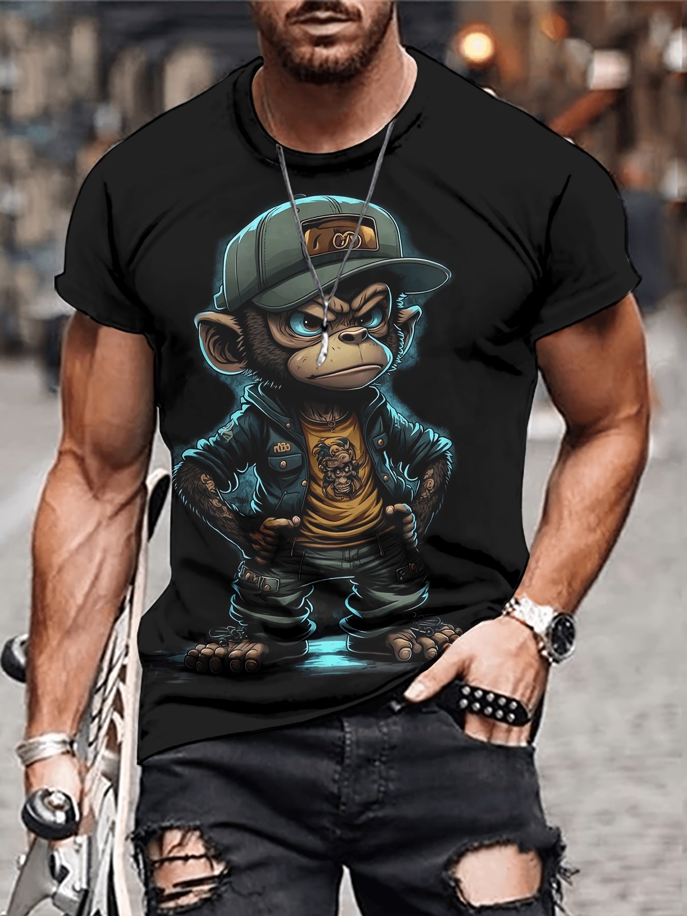 T-shirt Monkey Print, à col rond pour hommes